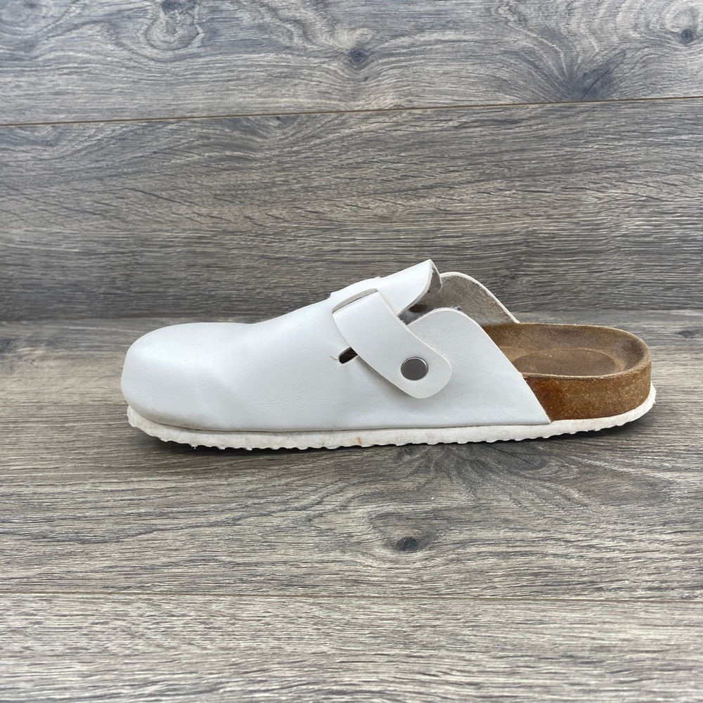 Cushionaire Lane Cork Footbed Clogs Womens 9M White Vegan Leather Buckle Mules - Picture 4 of 10